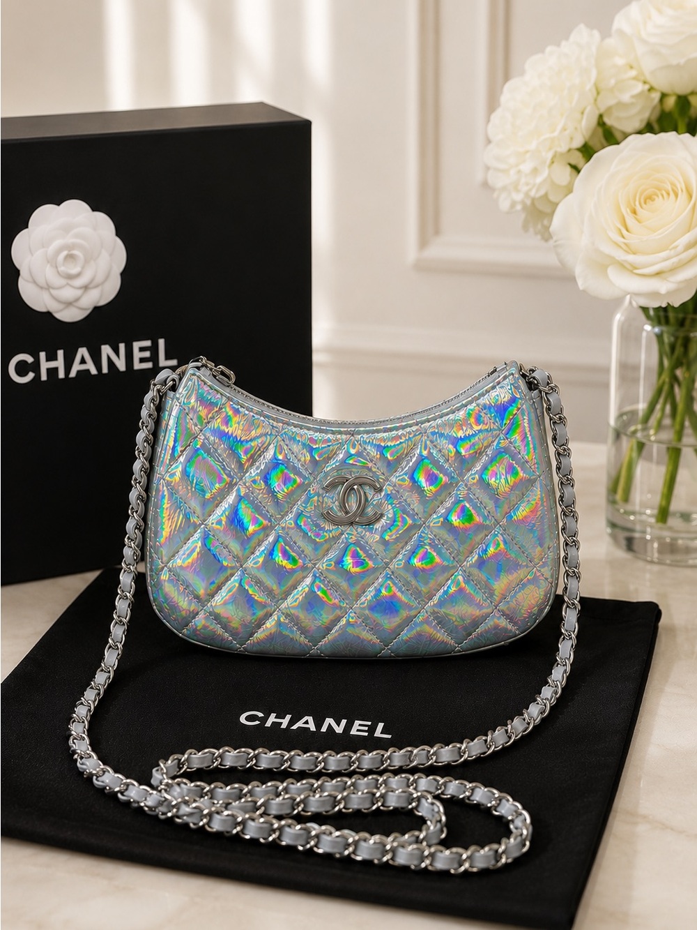 Chanel Matelasse Iridescent Mirror Goatskin Chain Shoulder Bag Aurora Silver NWT